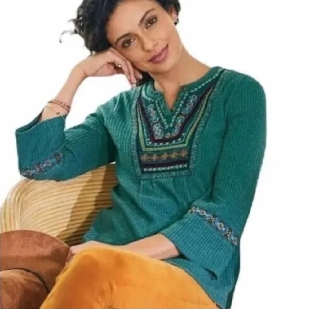 NWTs Soft Surroundings Embroidered Beaded Top Teal Waffle Knit Plus Size 1x